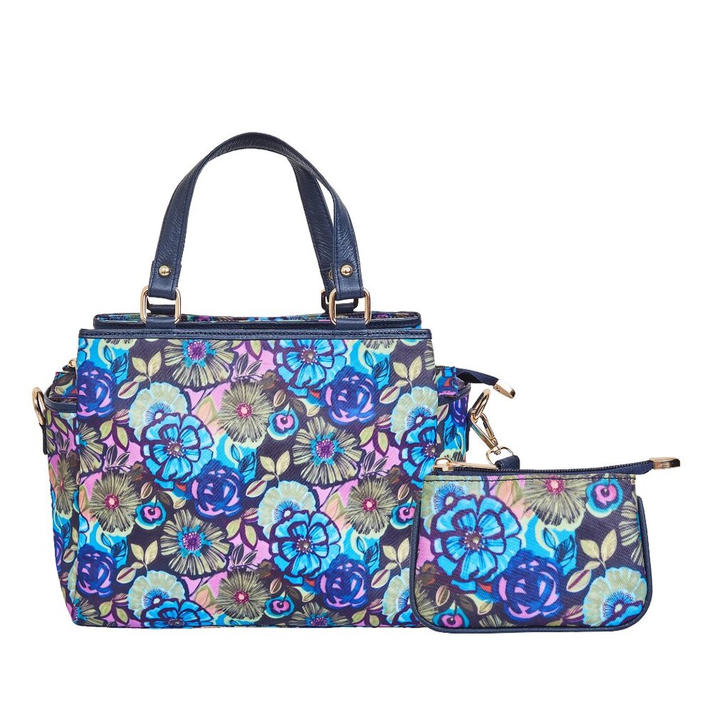 Floral Blue Printed Fabric Satchel Bag & Coin Pouch Set Combo for Women